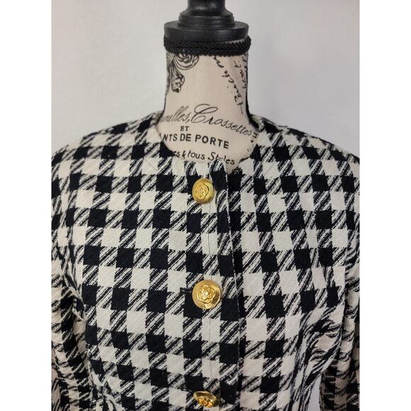 VTG Carlisle Blazer SZ 8 Houndstooth Tweed Jacket 100% Silk White Black Preppy - Picture 3 of 8